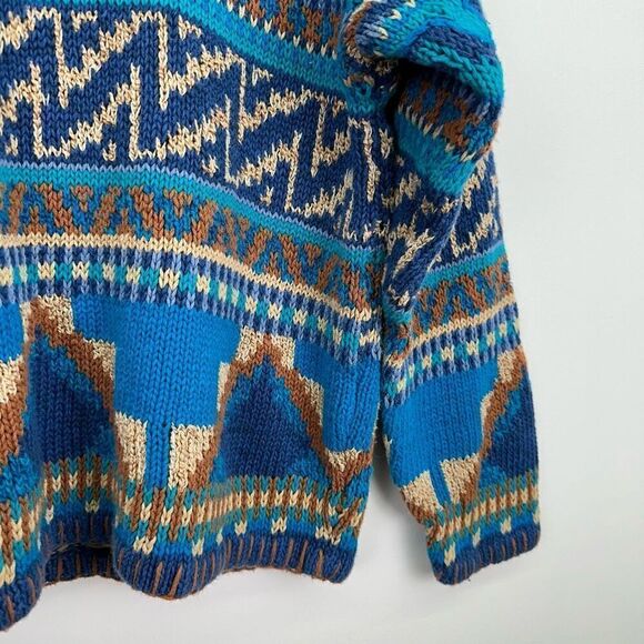Segrets Sun Prints Teal Navy Tan Fair Isle Aztec Grandpa Chunky Knit Sweater - Picture 5 of 12